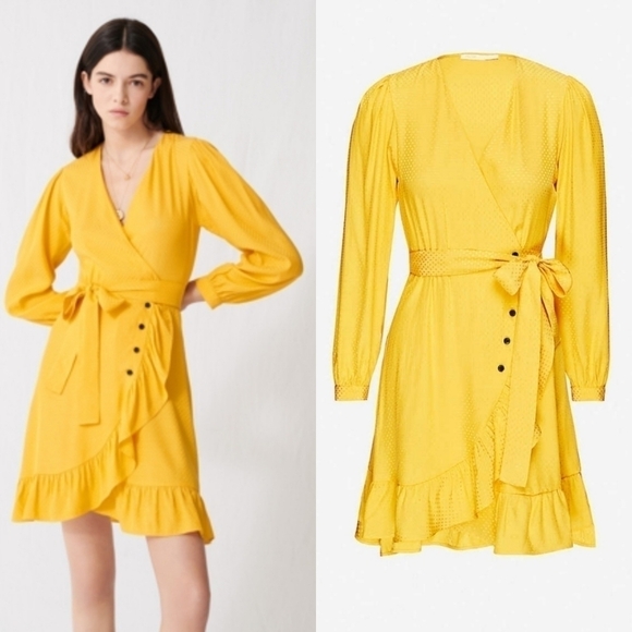 New Maje Seya Ruffled Polka-Dot Jacquard Marigold Wrap Dress NWT 10 US=XL/42 FR - Picture 1 of 10